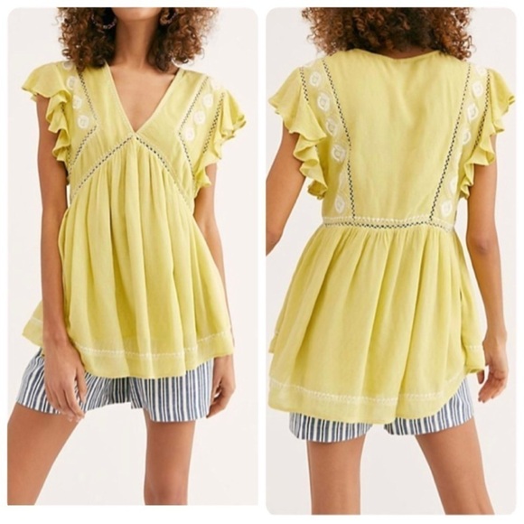 Free People Falling Water Boho Tunic in Citron Yellow Lined Pockets Embr… - Picture 1 of 11